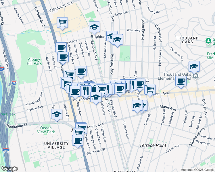 map of restaurants, bars, coffee shops, grocery stores, and more near 820 Key Route Boulevard in Albany
