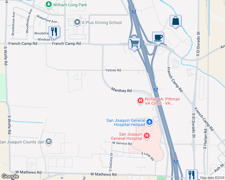 map of restaurants, bars, coffee shops, grocery stores, and more near 6505 South Manthey Road in French Camp