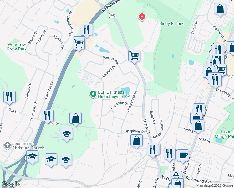 map of restaurants, bars, coffee shops, grocery stores, and more near 104 Frederick Road in Nicholasville