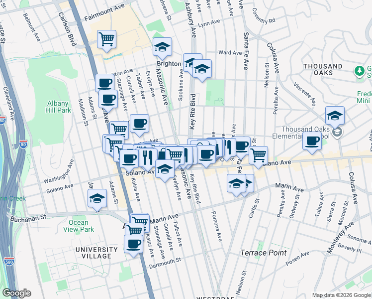 map of restaurants, bars, coffee shops, grocery stores, and more near 820 Key Route Boulevard in Albany