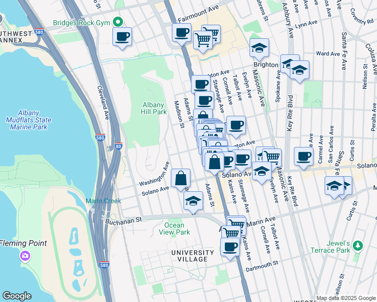 map of restaurants, bars, coffee shops, grocery stores, and more near Madison Street in Albany