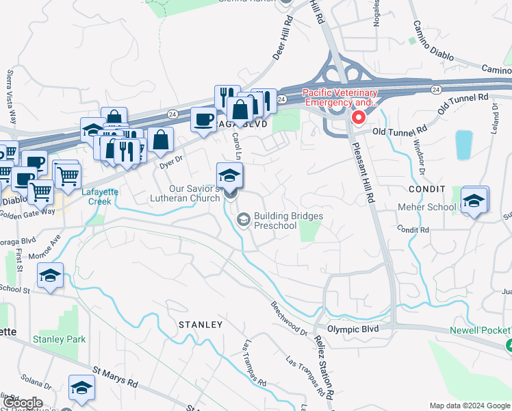 map of restaurants, bars, coffee shops, grocery stores, and more near 959 Janet Lane in Lafayette