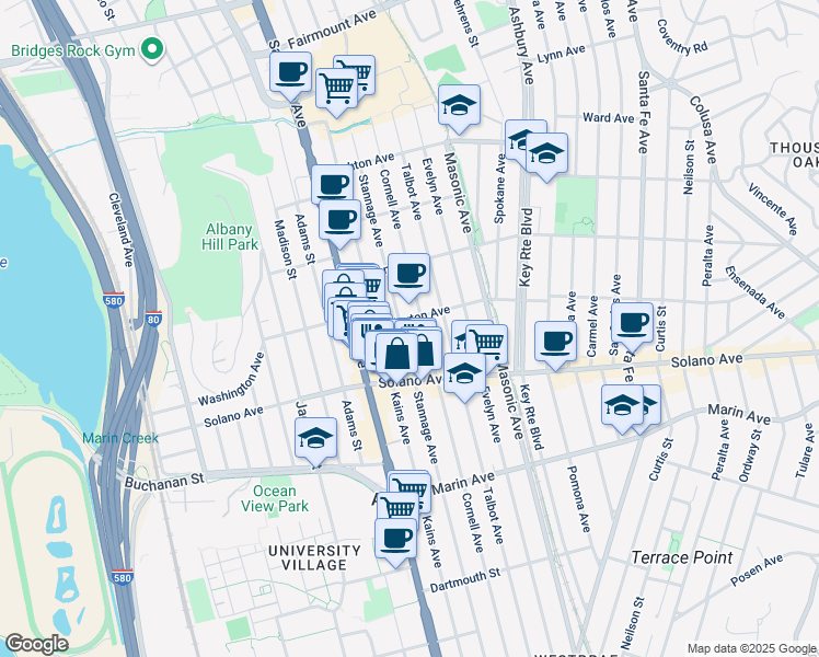 map of restaurants, bars, coffee shops, grocery stores, and more near 815 Kains Avenue in Albany