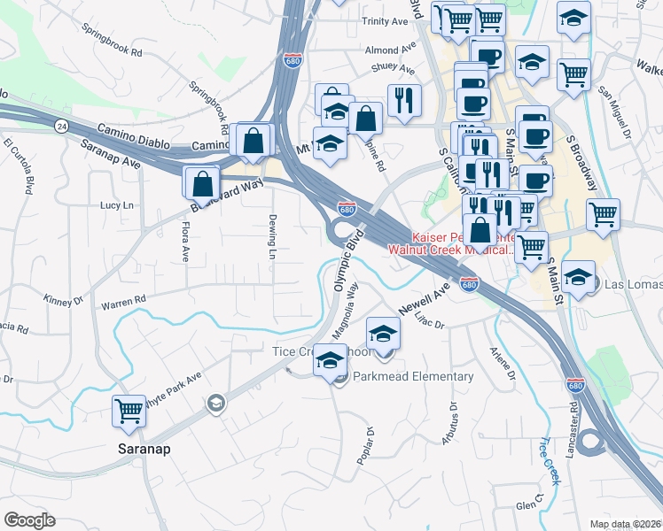map of restaurants, bars, coffee shops, grocery stores, and more near 112 North Villa Way in Walnut Creek