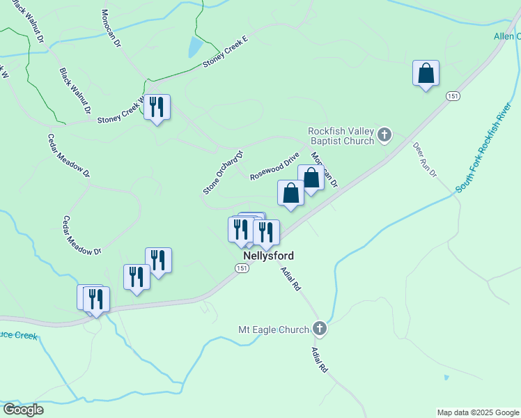 map of restaurants, bars, coffee shops, grocery stores, and more near 454 Stone Orchard Drive in Nellysford