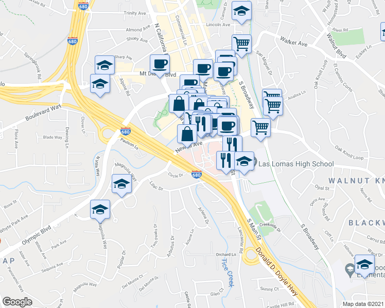 map of restaurants, bars, coffee shops, grocery stores, and more near 1655 South California Boulevard in Walnut Creek