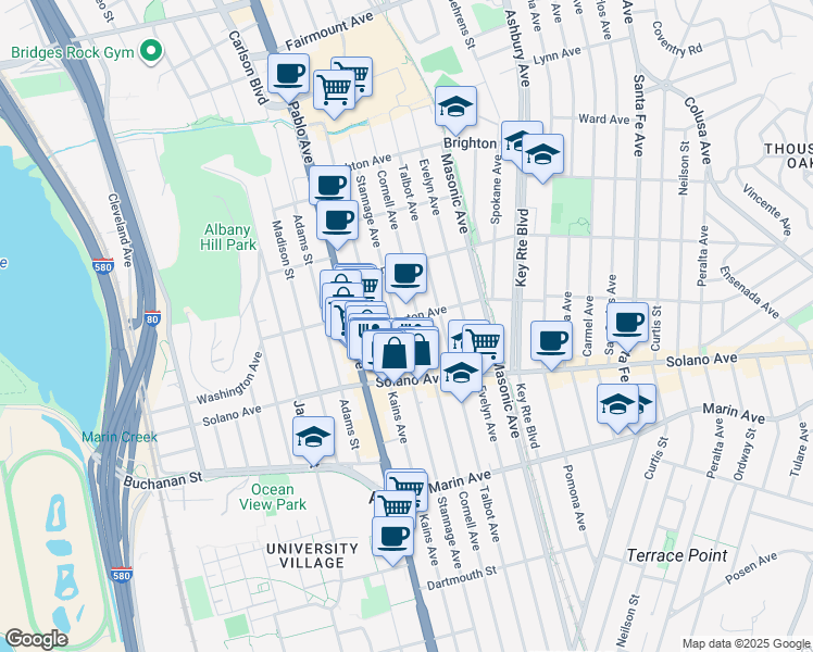 map of restaurants, bars, coffee shops, grocery stores, and more near 1146 Washington Avenue in Albany