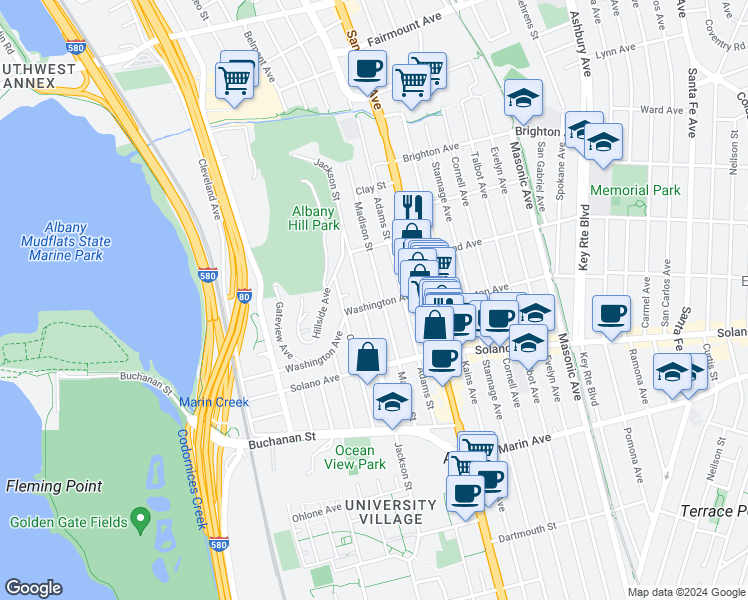map of restaurants, bars, coffee shops, grocery stores, and more near 959 Washington Avenue in Albany