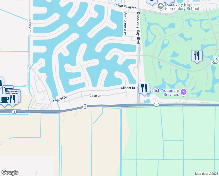 map of restaurants, bars, coffee shops, grocery stores, and more near 4681 Clipper Drive in Discovery Bay