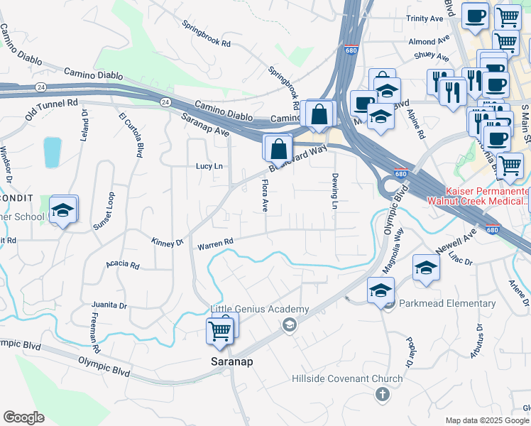 map of restaurants, bars, coffee shops, grocery stores, and more near Flora Avenue in Walnut Creek