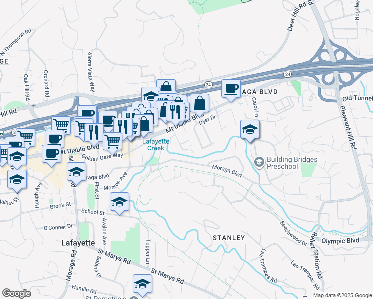 map of restaurants, bars, coffee shops, grocery stores, and more near 3394 Moraga Boulevard in Lafayette