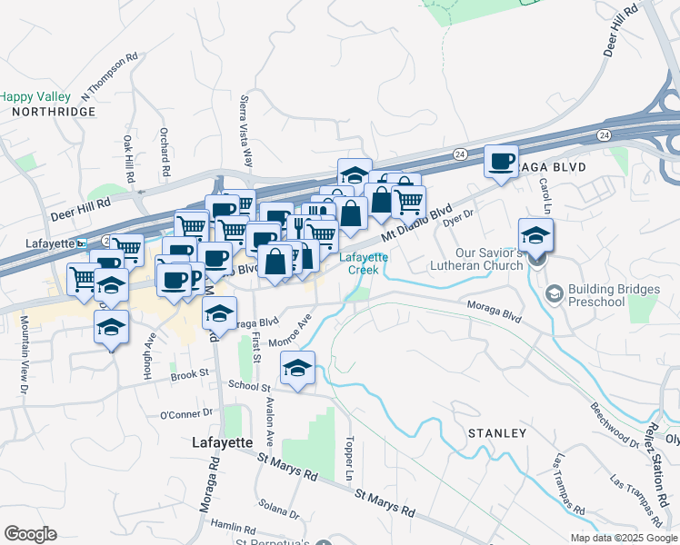 map of restaurants, bars, coffee shops, grocery stores, and more near in Lafayette