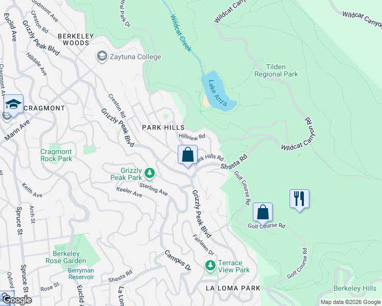 map of restaurants, bars, coffee shops, grocery stores, and more near 1120 Park Hills Road in Berkeley