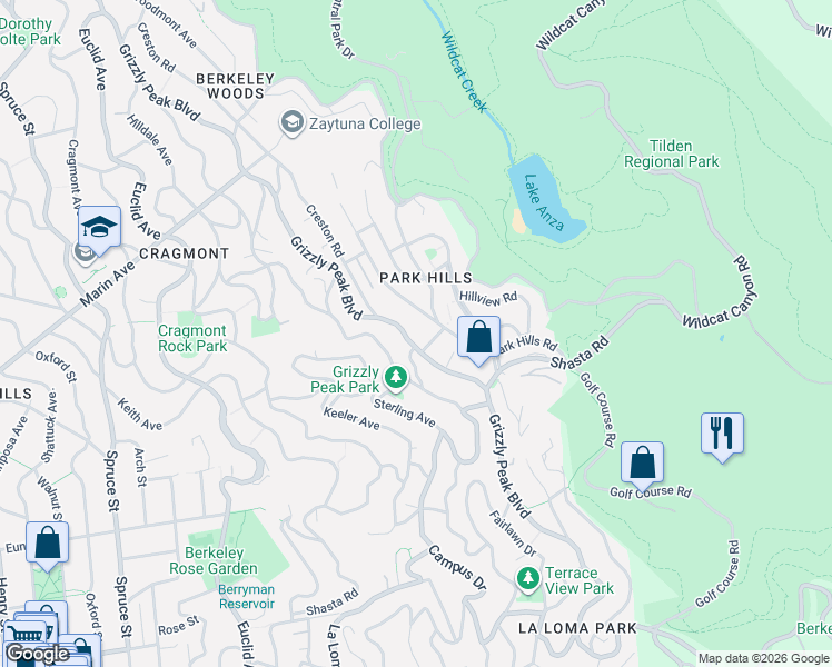 map of restaurants, bars, coffee shops, grocery stores, and more near 1145 Grizzly Peak Boulevard in Berkeley