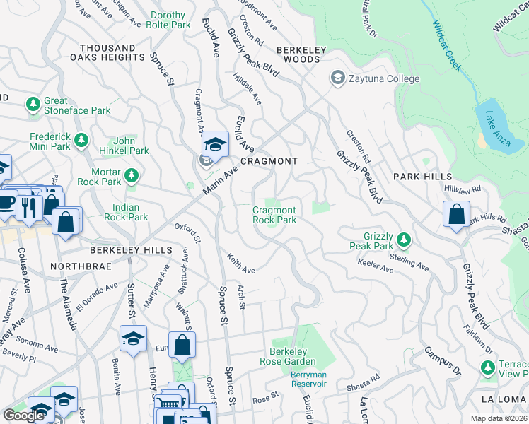 map of restaurants, bars, coffee shops, grocery stores, and more near 1000 Euclid Avenue in Berkeley
