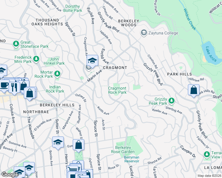 map of restaurants, bars, coffee shops, grocery stores, and more near 1000 Euclid Avenue in Berkeley