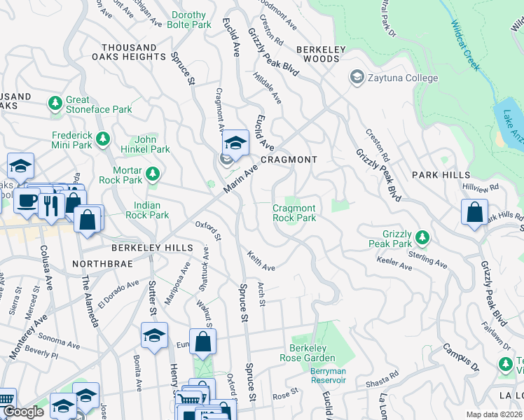 map of restaurants, bars, coffee shops, grocery stores, and more near 1000 Euclid Avenue in Berkeley
