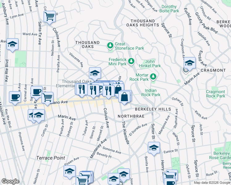map of restaurants, bars, coffee shops, grocery stores, and more near 899 The Alameda in Berkeley