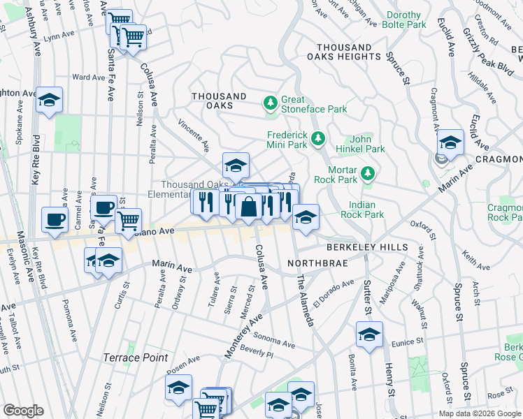 map of restaurants, bars, coffee shops, grocery stores, and more near 1857 Solano Avenue in Berkeley
