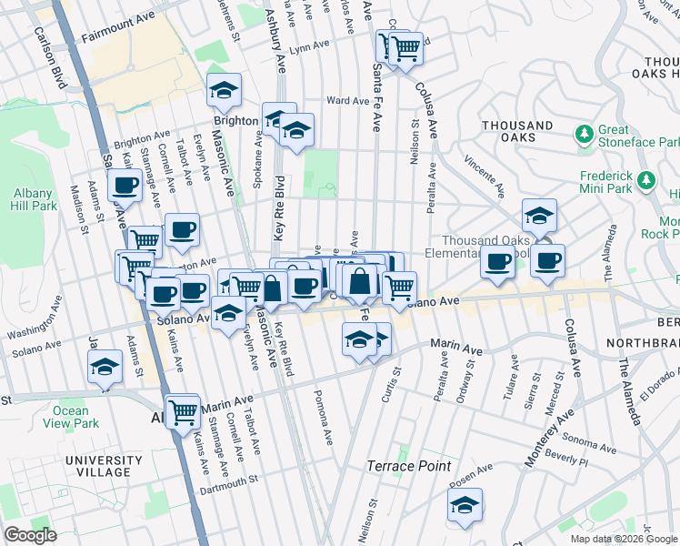 map of restaurants, bars, coffee shops, grocery stores, and more near 838 Carmel Avenue in Albany
