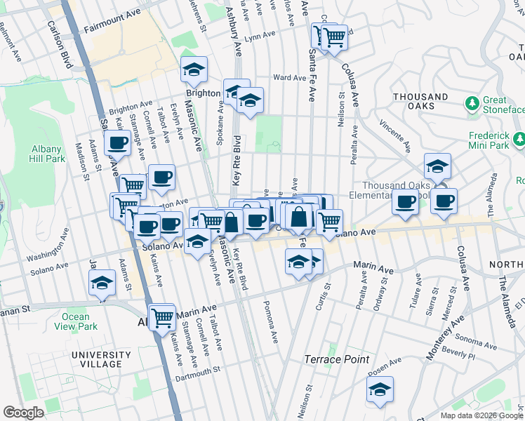 map of restaurants, bars, coffee shops, grocery stores, and more near 838 Carmel Avenue in Albany