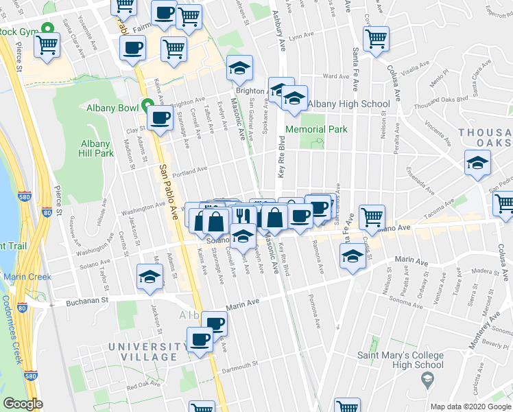 map of restaurants, bars, coffee shops, grocery stores, and more near 832 Evelyn Avenue in Albany