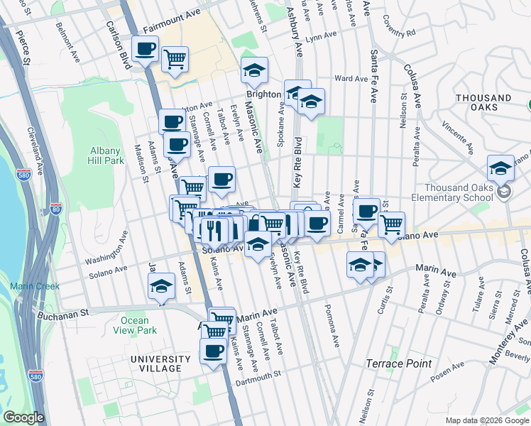 map of restaurants, bars, coffee shops, grocery stores, and more near 832 Evelyn Avenue in Albany