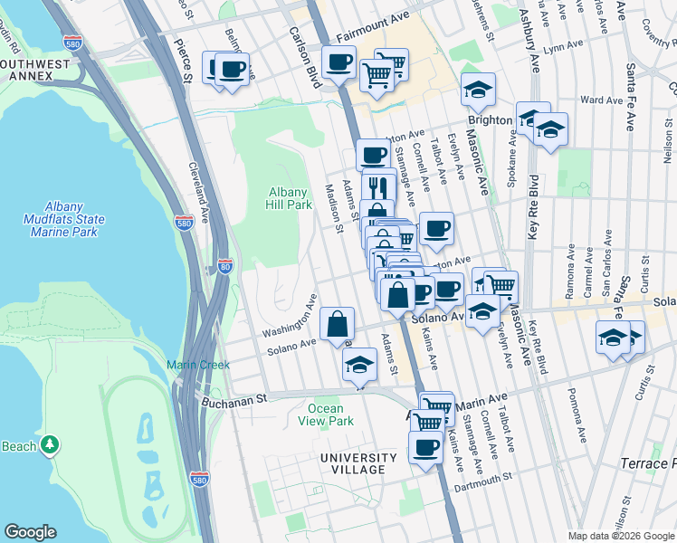 map of restaurants, bars, coffee shops, grocery stores, and more near 806 Jackson Street in Albany