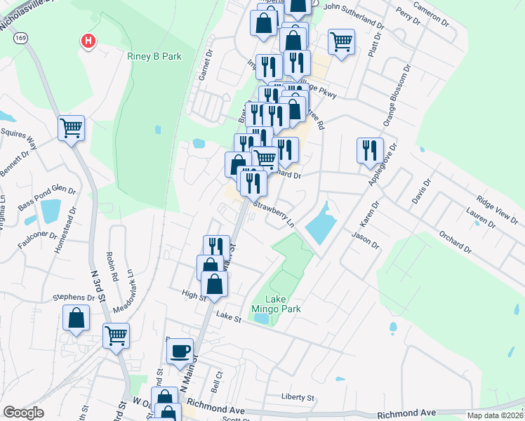 map of restaurants, bars, coffee shops, grocery stores, and more near 116 Heritage Drive in Nicholasville
