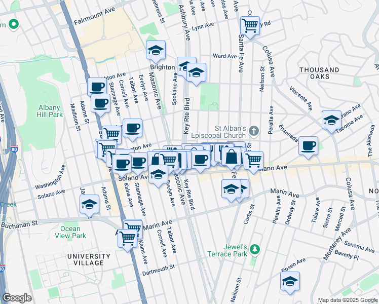 map of restaurants, bars, coffee shops, grocery stores, and more near 817 Key Route Boulevard in Albany