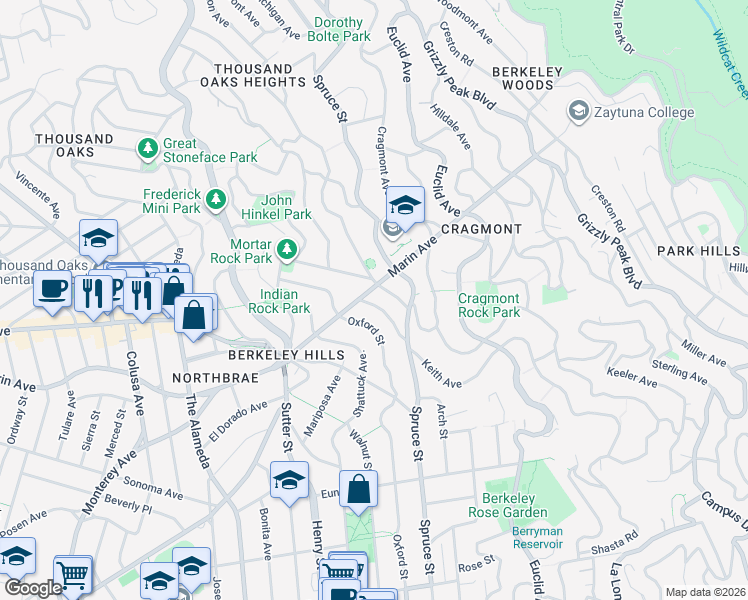 map of restaurants, bars, coffee shops, grocery stores, and more near 911 San Benito Road in Berkeley