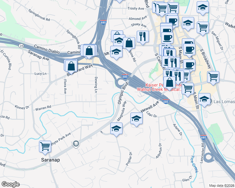 map of restaurants, bars, coffee shops, grocery stores, and more near 712 North Villa Way in Walnut Creek