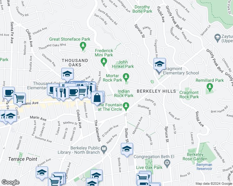 map of restaurants, bars, coffee shops, grocery stores, and more near 899 Arlington Avenue in Berkeley