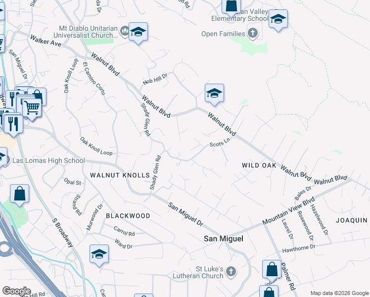 map of restaurants, bars, coffee shops, grocery stores, and more near 1081 Scots Lane in Walnut Creek