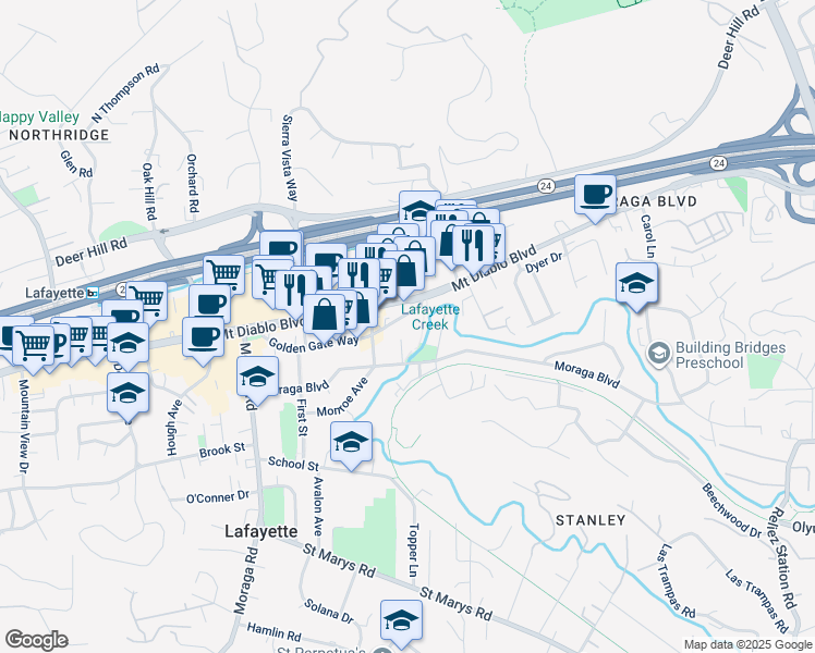 map of restaurants, bars, coffee shops, grocery stores, and more near 970 3rd Street in Lafayette