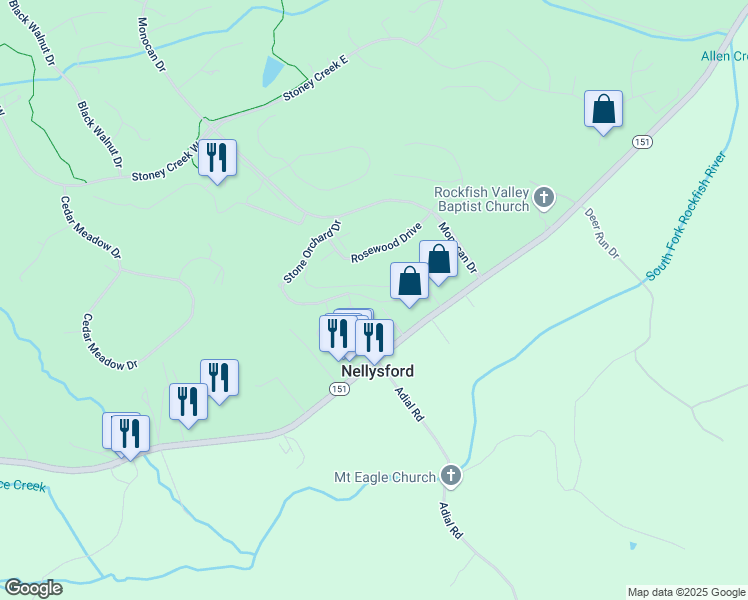 map of restaurants, bars, coffee shops, grocery stores, and more near 454 Stone Orchard Drive in Nellysford
