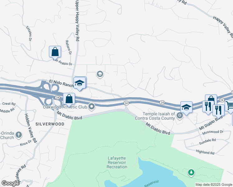 map of restaurants, bars, coffee shops, grocery stores, and more near 3894 El Nido Ranch Road in Lafayette