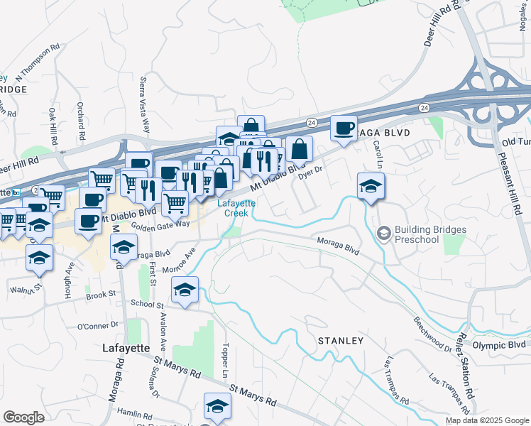 map of restaurants, bars, coffee shops, grocery stores, and more near 3394 Moraga Boulevard in Lafayette