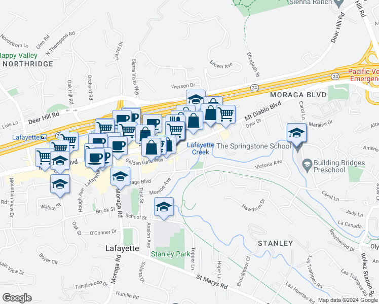 map of restaurants, bars, coffee shops, grocery stores, and more near in Lafayette