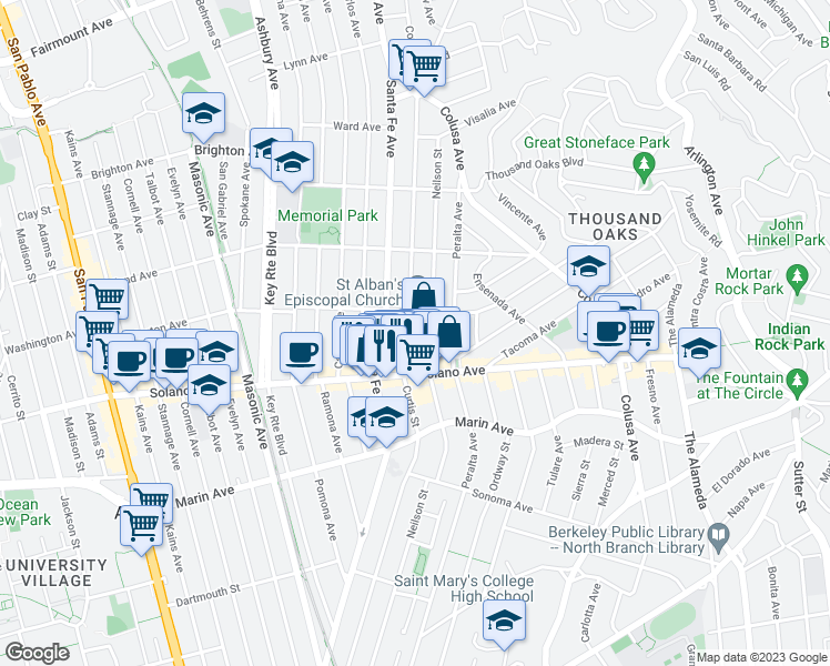 map of restaurants, bars, coffee shops, grocery stores, and more near 835 Curtis Street in Albany