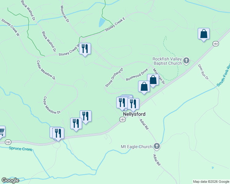 map of restaurants, bars, coffee shops, grocery stores, and more near 30 Apple Blossom Court in Nellysford