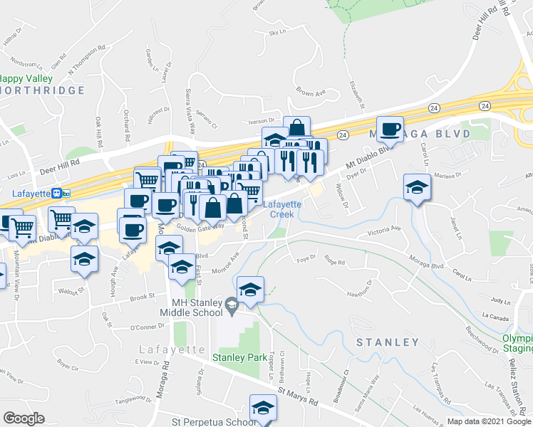 map of restaurants, bars, coffee shops, grocery stores, and more near 3433 Golden Gate Way in Lafayette