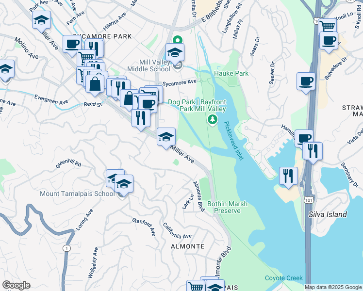 map of restaurants, bars, coffee shops, grocery stores, and more near 651 Miller Avenue in Mill Valley