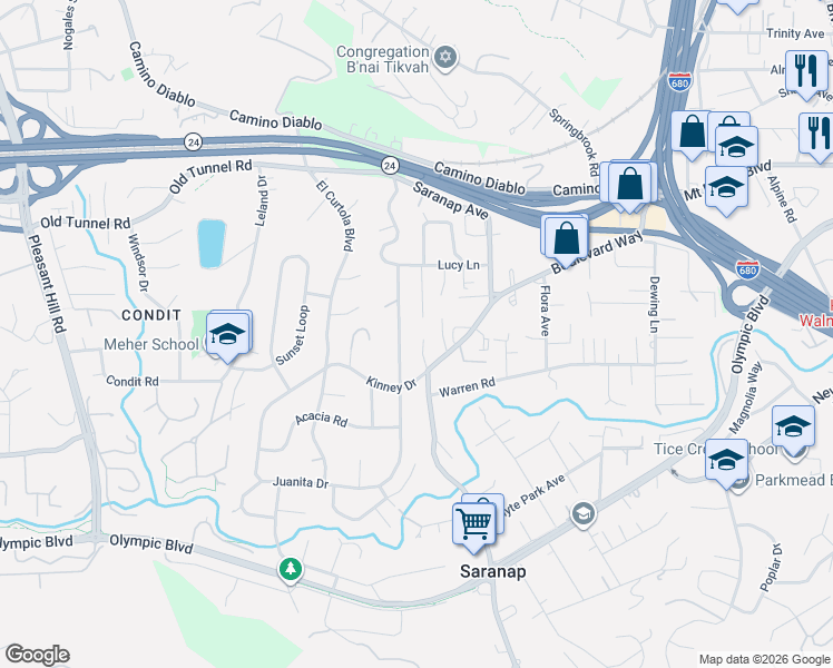 map of restaurants, bars, coffee shops, grocery stores, and more near 1 Garden Court in Walnut Creek