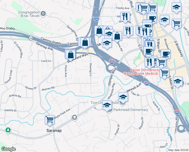 map of restaurants, bars, coffee shops, grocery stores, and more near 1301 Dewing Lane in Walnut Creek