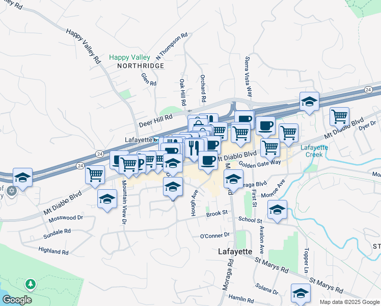 map of restaurants, bars, coffee shops, grocery stores, and more near 3580 Terrace Way in Lafayette