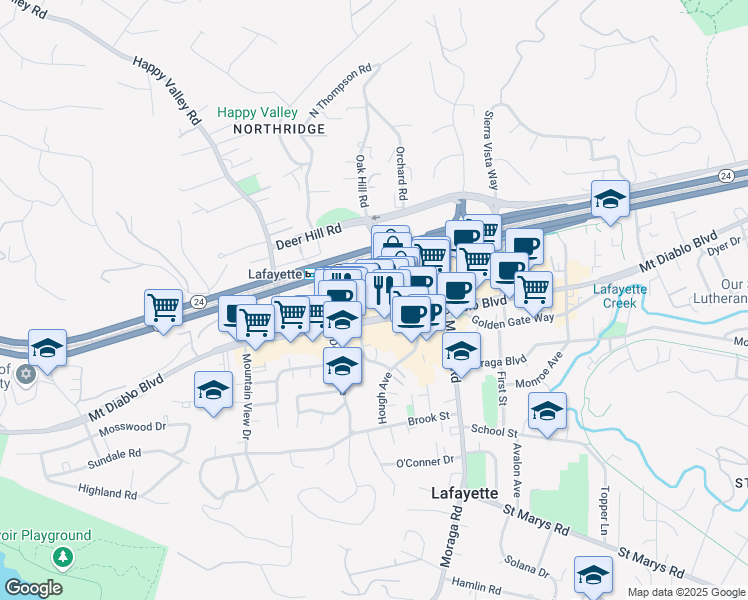 map of restaurants, bars, coffee shops, grocery stores, and more near 3580 Terrace Way in Lafayette