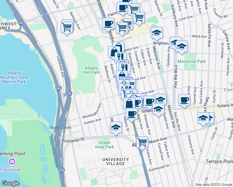 map of restaurants, bars, coffee shops, grocery stores, and more near 728 Adams Street in Albany