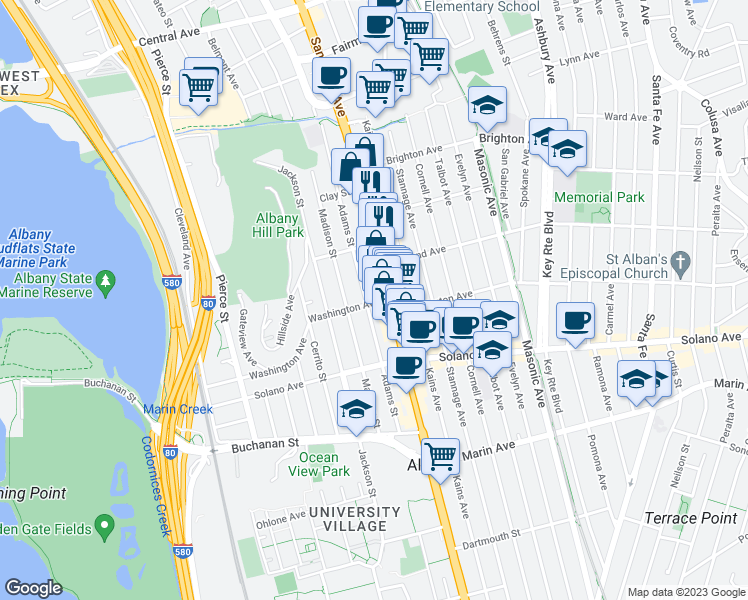 map of restaurants, bars, coffee shops, grocery stores, and more near 1027 Washington Avenue in Albany