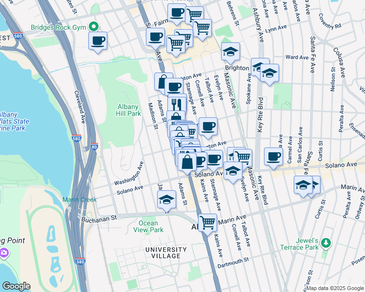 map of restaurants, bars, coffee shops, grocery stores, and more near San Pablo Ave & Washington Ave in Albany